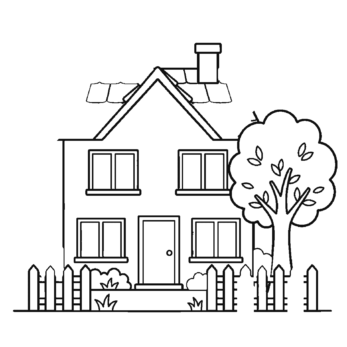Step 5 of 6: Step-by-step drawing sheet: a detached house with a tiled roof, chimney, fence and a tree beside it, built up over six frames from the walls and roofline to the windows, door, fence and tiles, black outlines on white