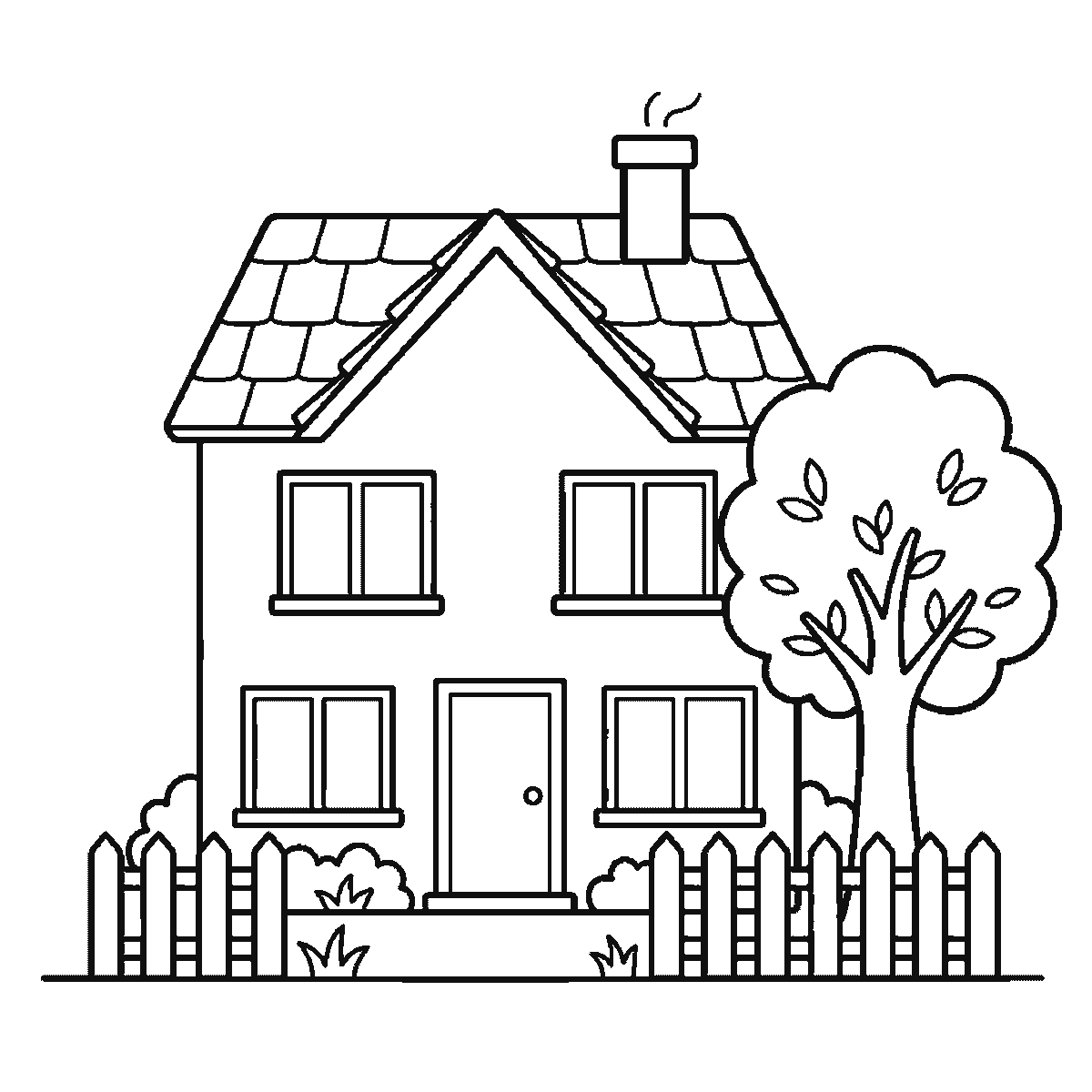 Step 6 of 6: Step-by-step drawing sheet: a detached house with a tiled roof, chimney, fence and a tree beside it, built up over six frames from the walls and roofline to the windows, door, fence and tiles, black outlines on white