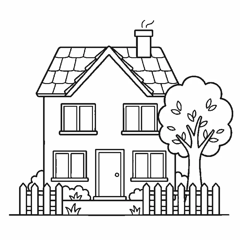 Step-by-step drawing sheet: a detached house with a tiled roof, chimney, fence and a tree beside it, built up over six frames from the walls and roofline to the windows, door, fence and tiles, black outlines on white