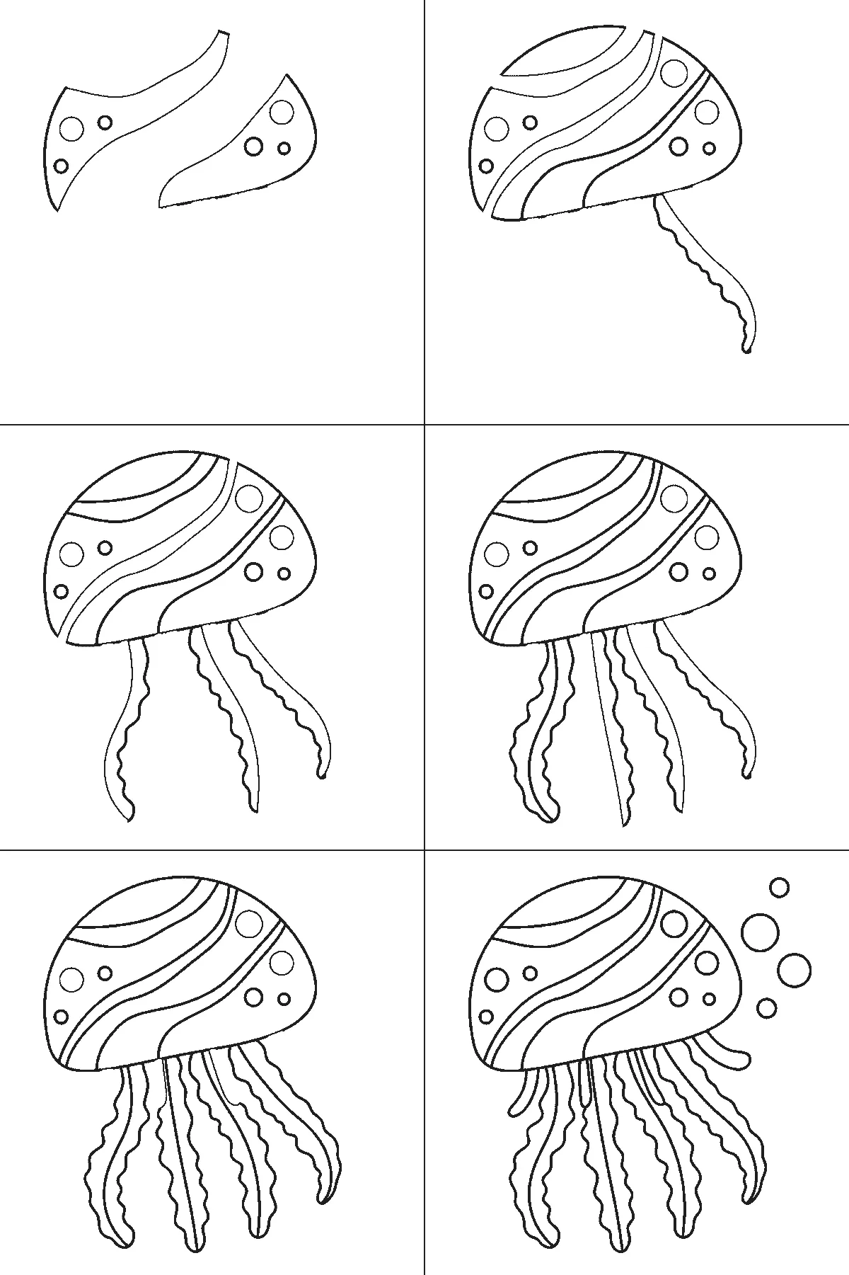 Step-by-step drawing sheet: a jellyfish drifting with bubbles beside it, built up over six frames from two end panels of the bell with their round spots to the remaining bell panels and bands, with the long frilled tentacles arriving a few at a time and the bubbles and short arms last, black outlines on white