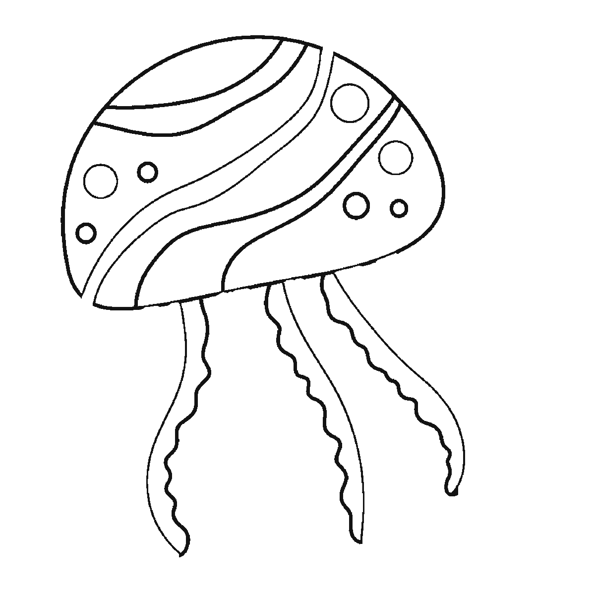 Step 3 of 6: Step-by-step drawing sheet: a jellyfish drifting with bubbles beside it, built up over six frames from two end panels of the bell with their round spots to the remaining bell panels and bands, with the long frilled tentacles arriving a few at a time and the bubbles and short arms last, black outlines on white