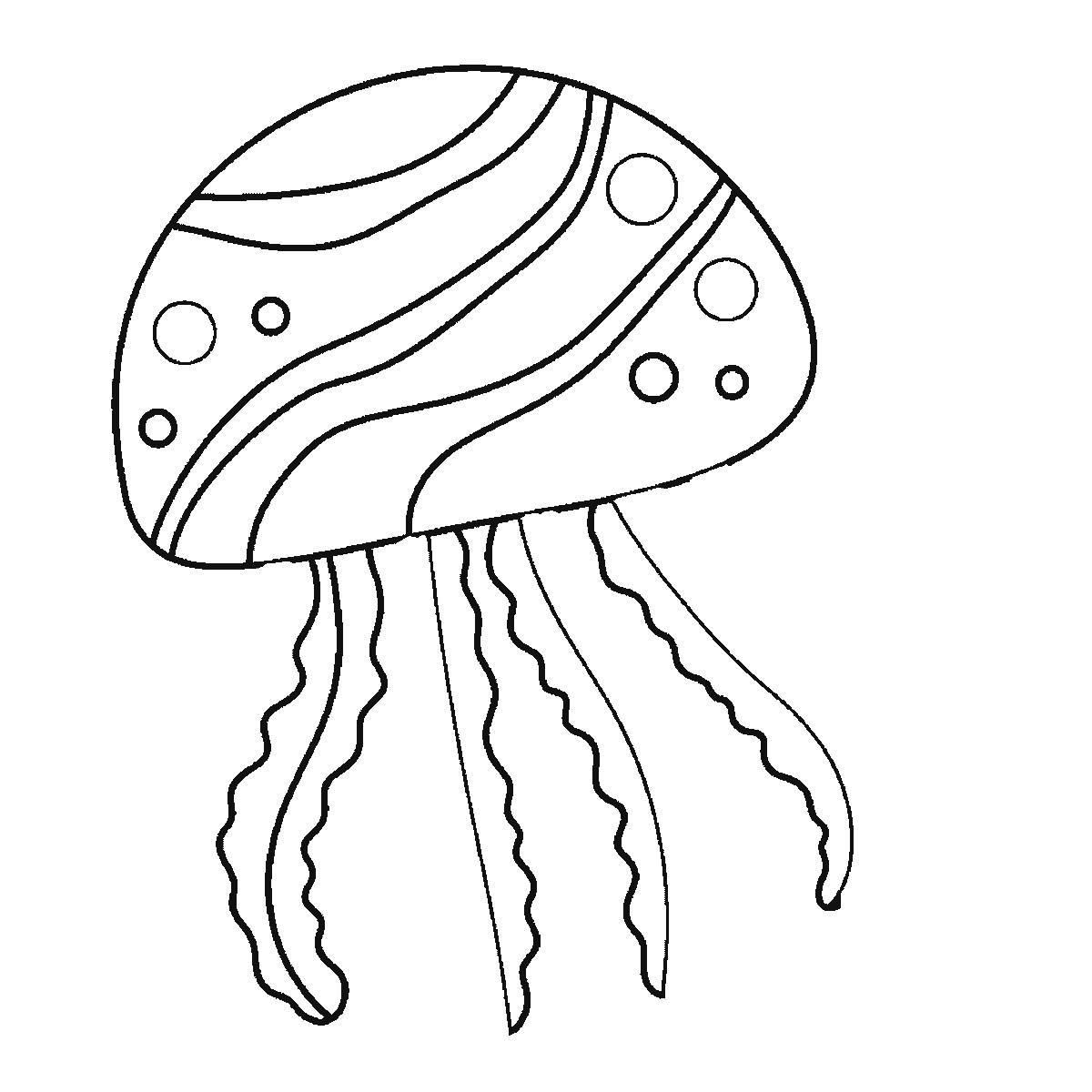 Step 4 of 6: Step-by-step drawing sheet: a jellyfish drifting with bubbles beside it, built up over six frames from two end panels of the bell with their round spots to the remaining bell panels and bands, with the long frilled tentacles arriving a few at a time and the bubbles and short arms last, black outlines on white