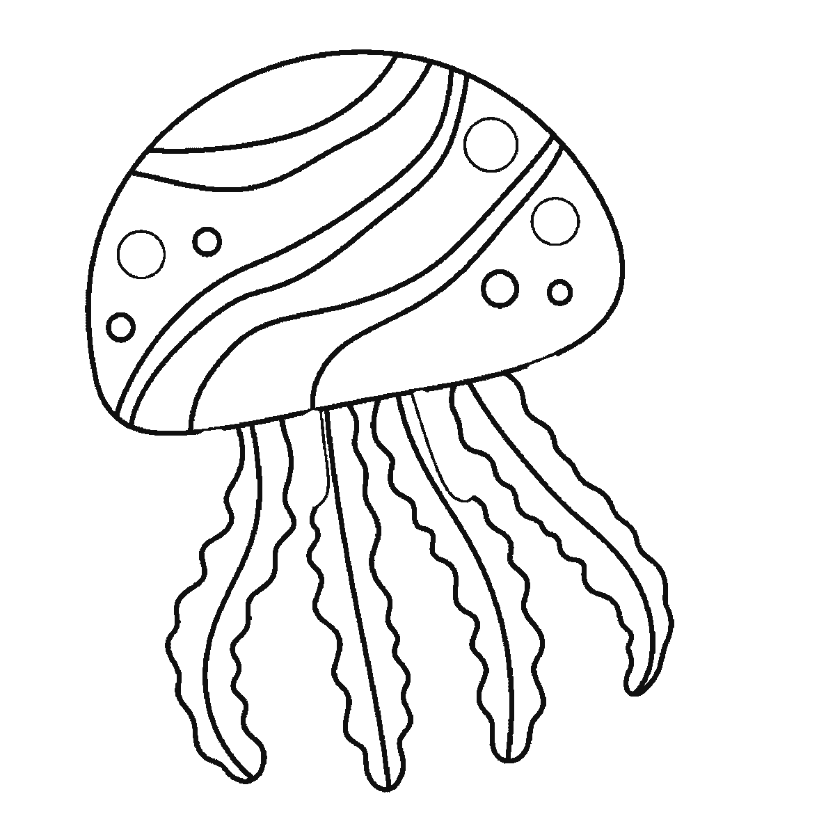 Step 5 of 6: Step-by-step drawing sheet: a jellyfish drifting with bubbles beside it, built up over six frames from two end panels of the bell with their round spots to the remaining bell panels and bands, with the long frilled tentacles arriving a few at a time and the bubbles and short arms last, black outlines on white