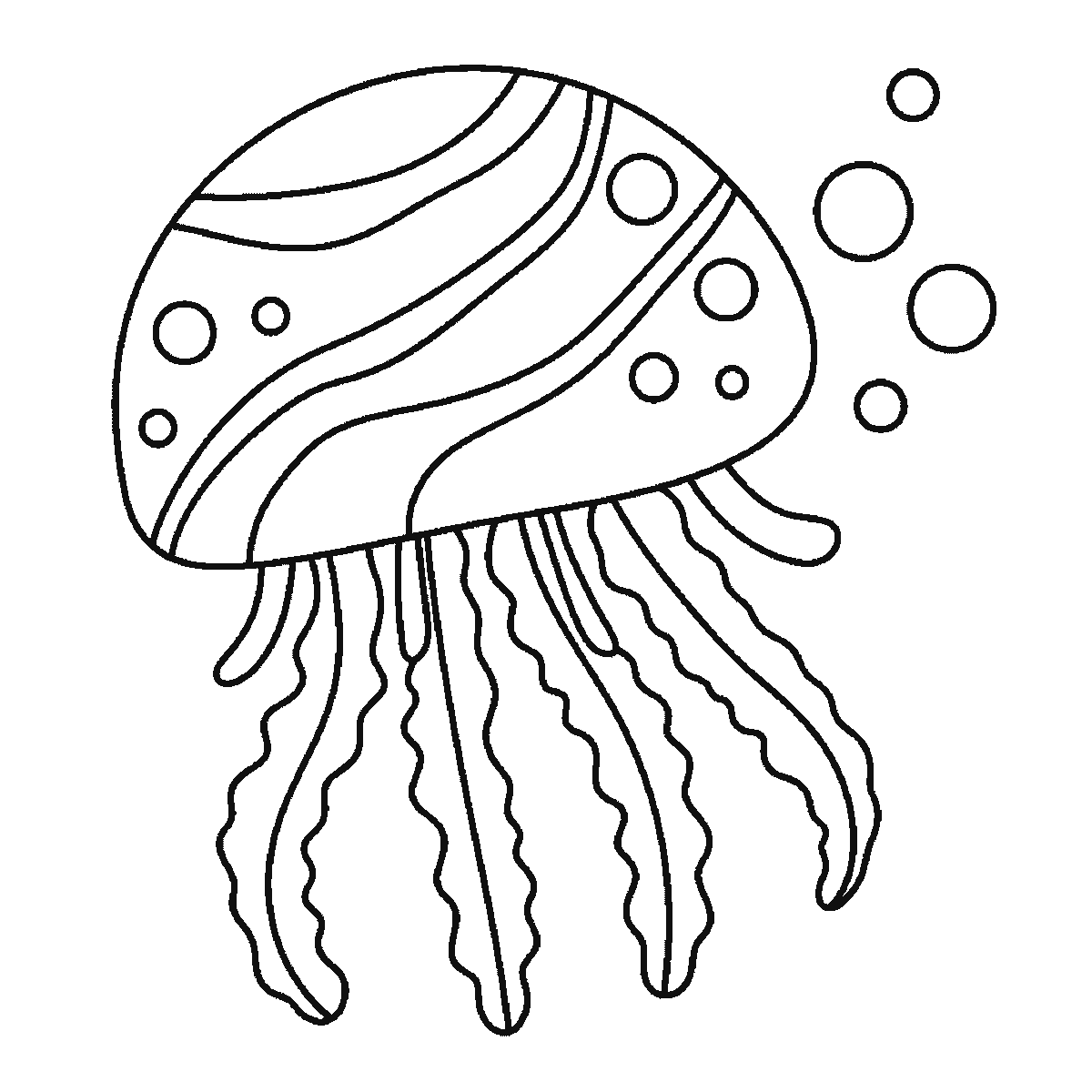 Step 6 of 6: Step-by-step drawing sheet: a jellyfish drifting with bubbles beside it, built up over six frames from two end panels of the bell with their round spots to the remaining bell panels and bands, with the long frilled tentacles arriving a few at a time and the bubbles and short arms last, black outlines on white