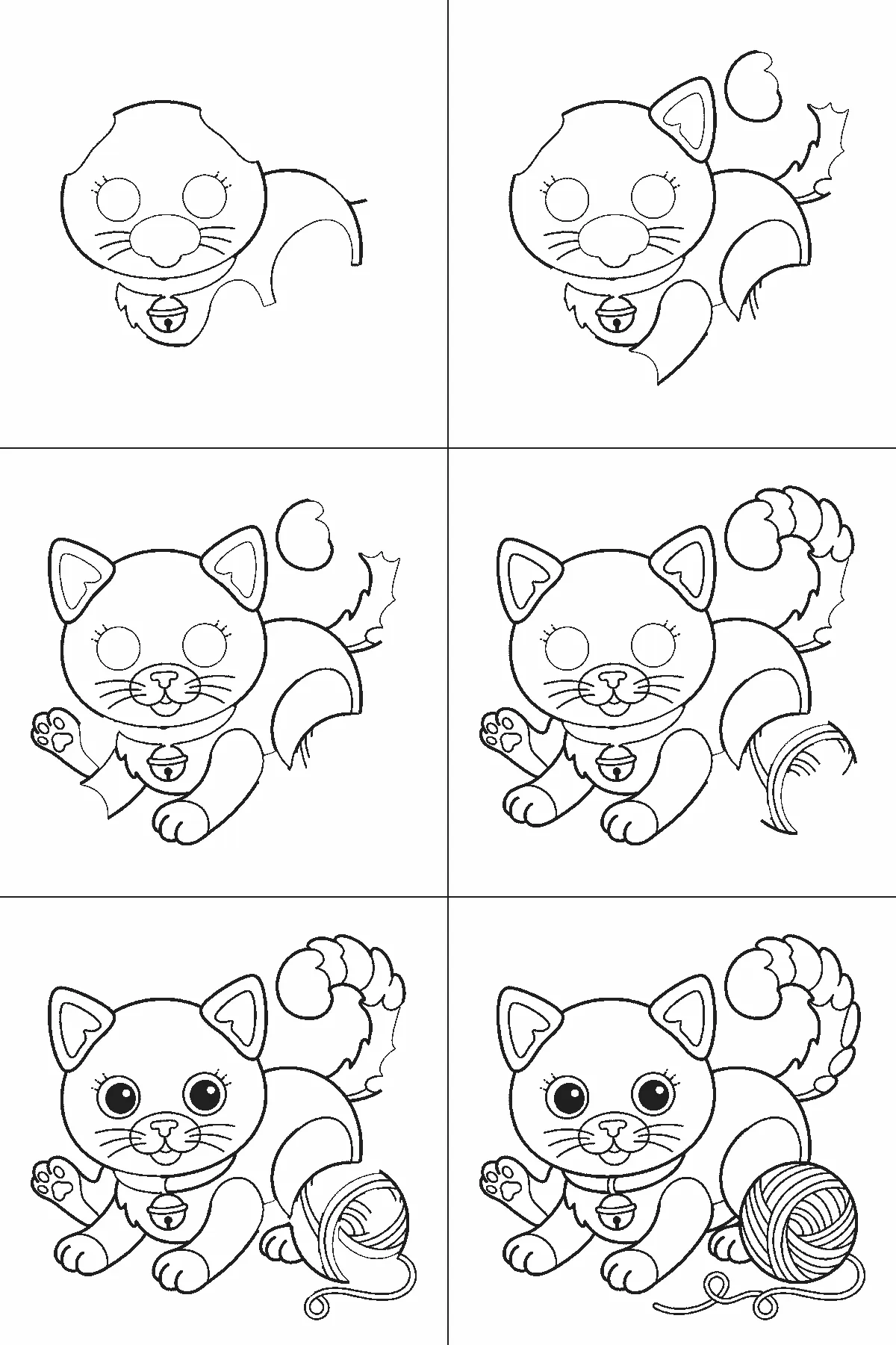 Step-by-step drawing sheet: a kitten crouching over a ball of wool, built up over six frames from the head with both eye outlines, the collar and the bell to the two ears one at a time, then the paws and the ball of wool, with the filled pupils and the loose thread last, black outlines on white