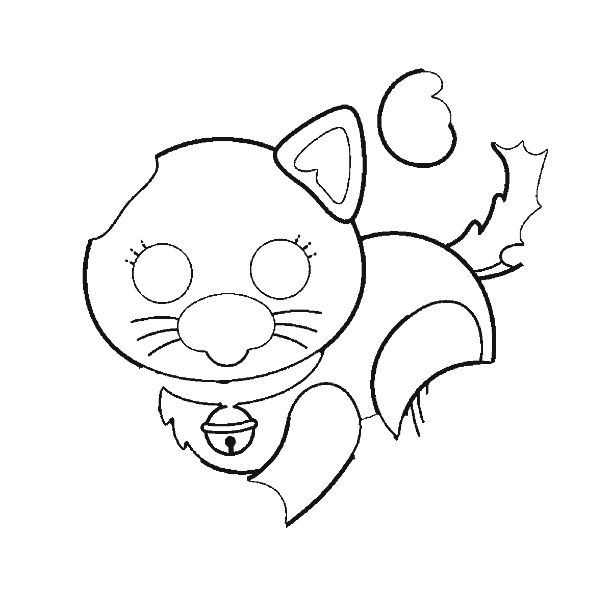 Step 2 of 6: Step-by-step drawing sheet: a kitten crouching over a ball of wool, built up over six frames from the head with both eye outlines, the collar and the bell to the two ears one at a time, then the paws and the ball of wool, with the filled pupils and the loose thread last, black outlines on white