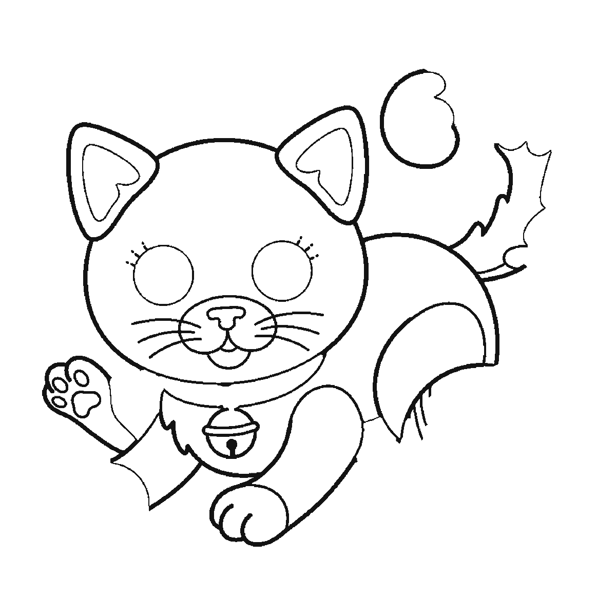 Step 3 of 6: Step-by-step drawing sheet: a kitten crouching over a ball of wool, built up over six frames from the head with both eye outlines, the collar and the bell to the two ears one at a time, then the paws and the ball of wool, with the filled pupils and the loose thread last, black outlines on white