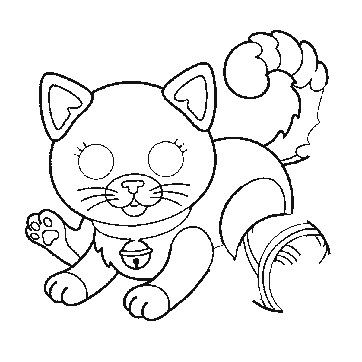 Step 4 of 6: Step-by-step drawing sheet: a kitten crouching over a ball of wool, built up over six frames from the head with both eye outlines, the collar and the bell to the two ears one at a time, then the paws and the ball of wool, with the filled pupils and the loose thread last, black outlines on white