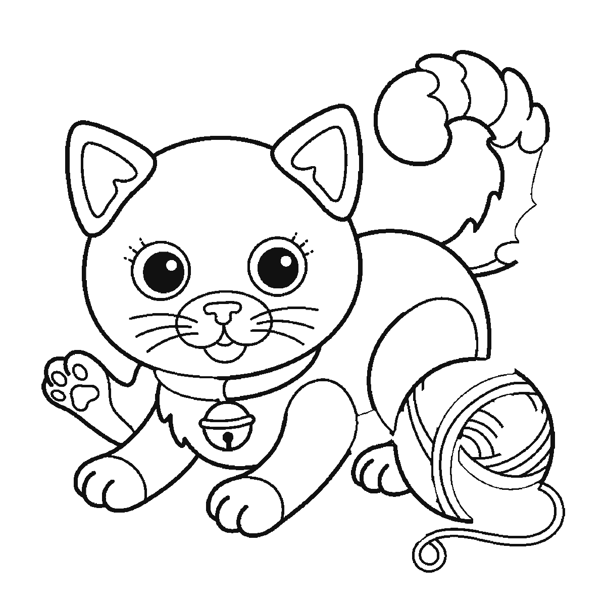 Step 5 of 6: Step-by-step drawing sheet: a kitten crouching over a ball of wool, built up over six frames from the head with both eye outlines, the collar and the bell to the two ears one at a time, then the paws and the ball of wool, with the filled pupils and the loose thread last, black outlines on white