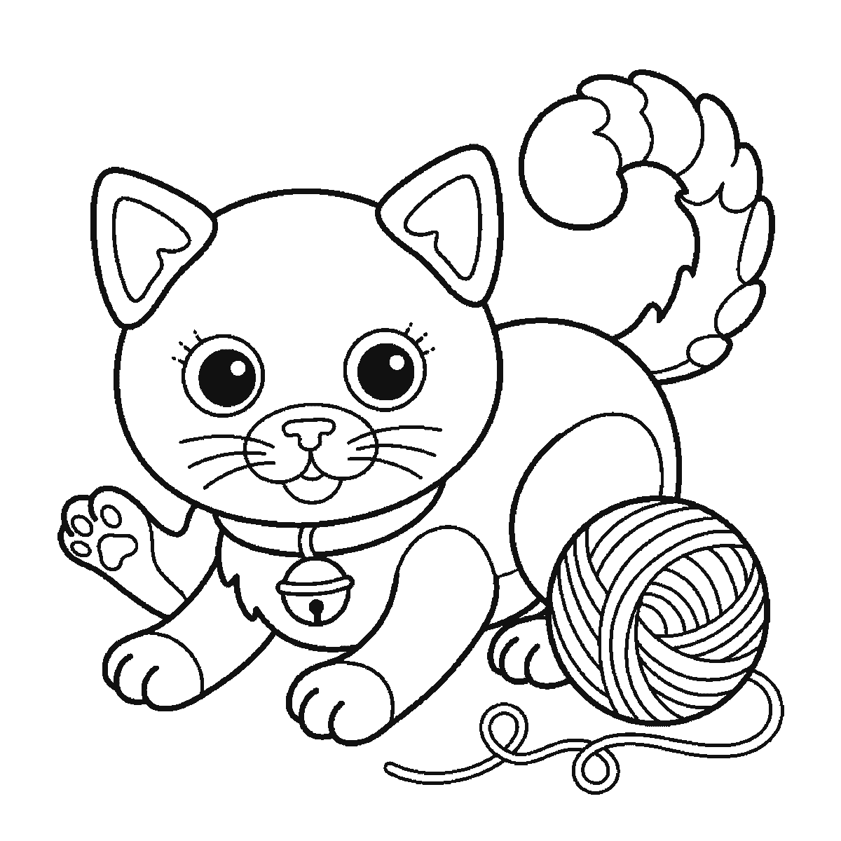 Step 6 of 6: Step-by-step drawing sheet: a kitten crouching over a ball of wool, built up over six frames from the head with both eye outlines, the collar and the bell to the two ears one at a time, then the paws and the ball of wool, with the filled pupils and the loose thread last, black outlines on white