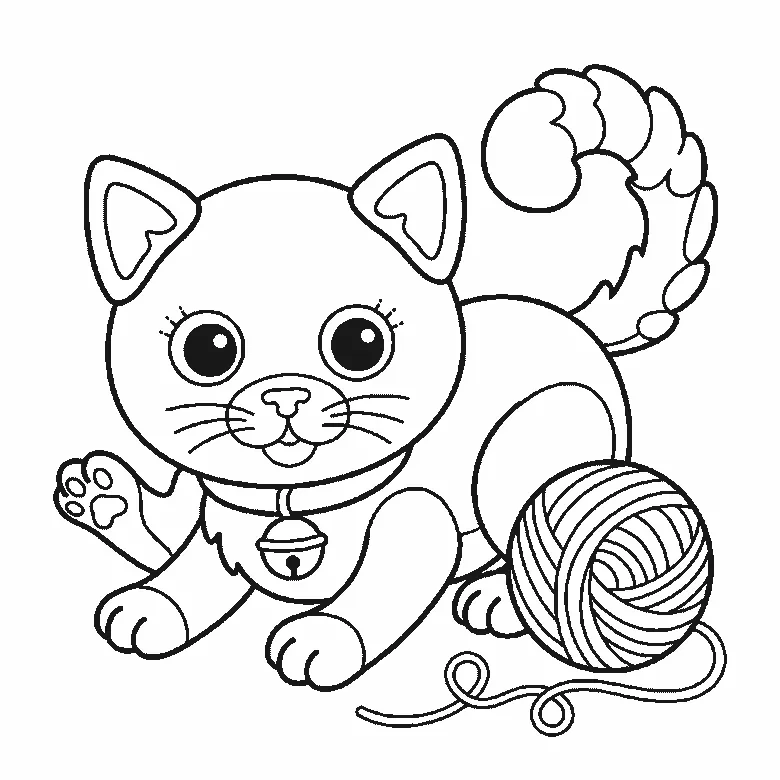 Step-by-step drawing sheet: a kitten crouching over a ball of wool, built up over six frames from the head with both eye outlines, the collar and the bell to the two ears one at a time, then the paws and the ball of wool, with the filled pupils and the loose thread last, black outlines on white