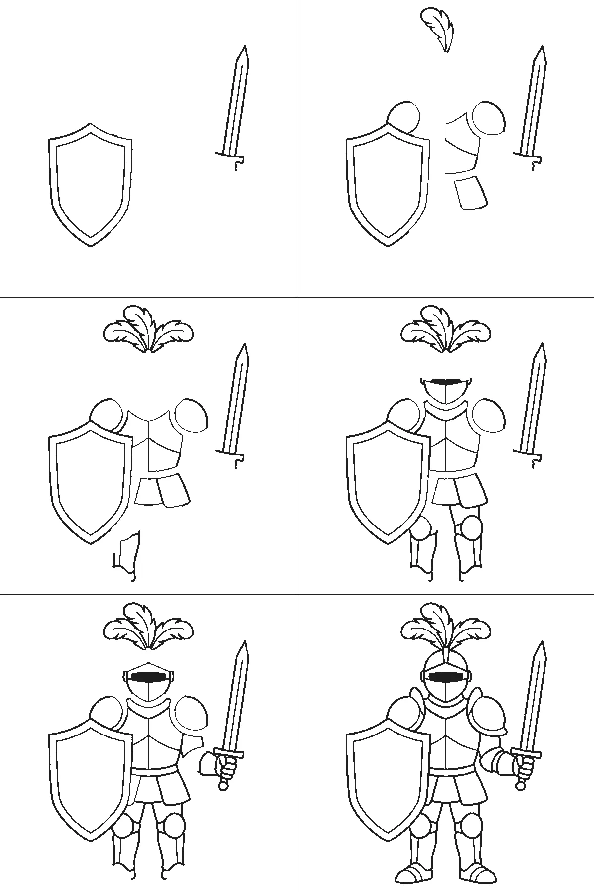 Step-by-step drawing sheet: a suit of plate armour with the visor closed, a three-feather plume, a plain shield and a raised sword, built up over six frames one armour plate at a time, black outlines on white