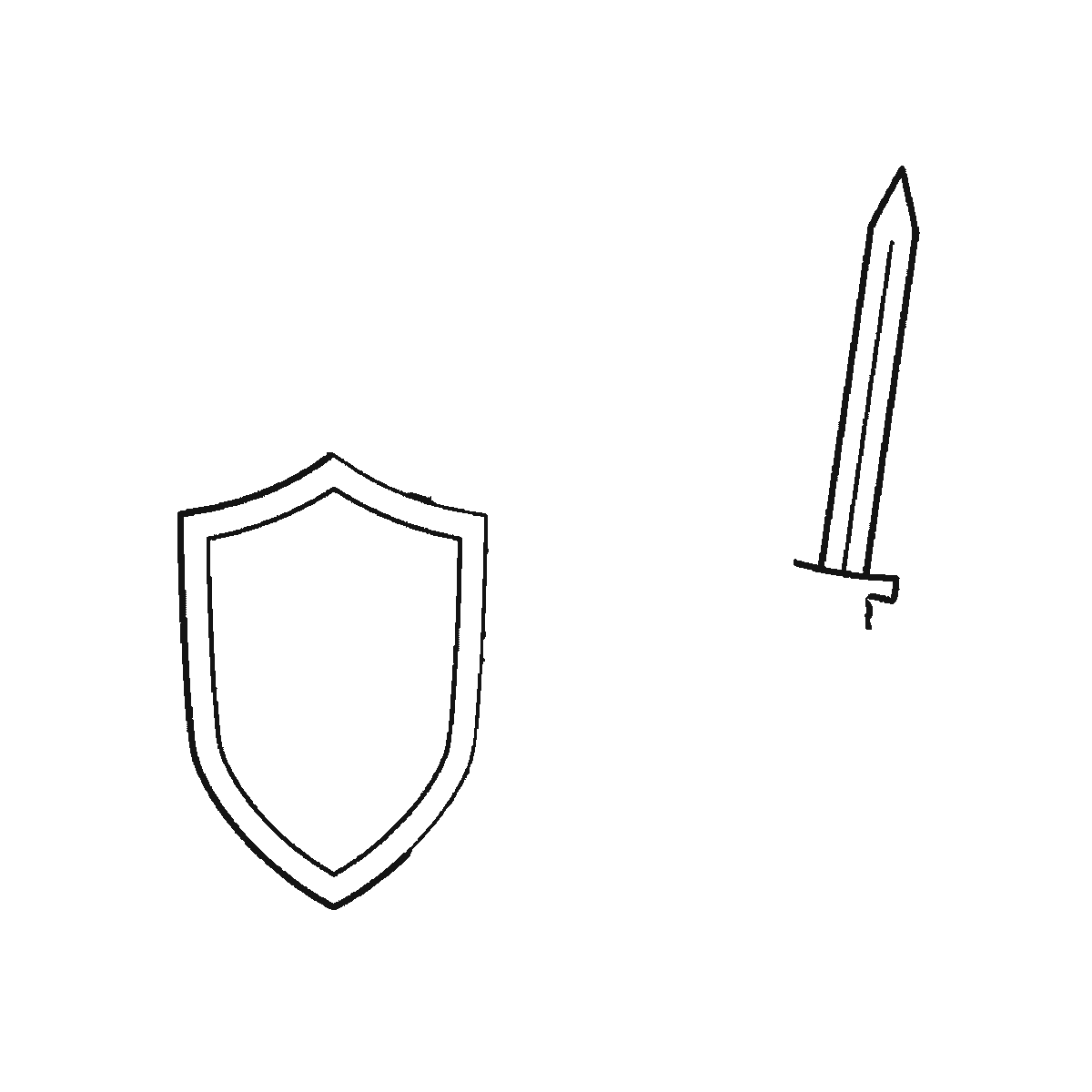 Step 1 of 6: Step-by-step drawing sheet: a suit of plate armour with the visor closed, a three-feather plume, a plain shield and a raised sword, built up over six frames one armour plate at a time, black outlines on white