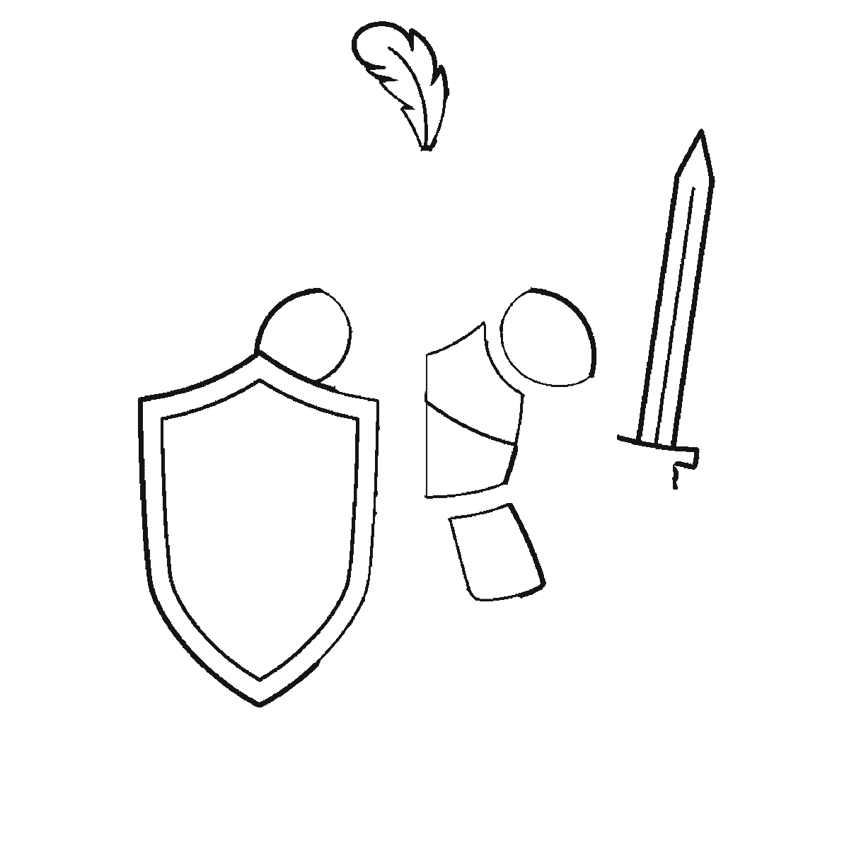 Step 2 of 6: Step-by-step drawing sheet: a suit of plate armour with the visor closed, a three-feather plume, a plain shield and a raised sword, built up over six frames one armour plate at a time, black outlines on white