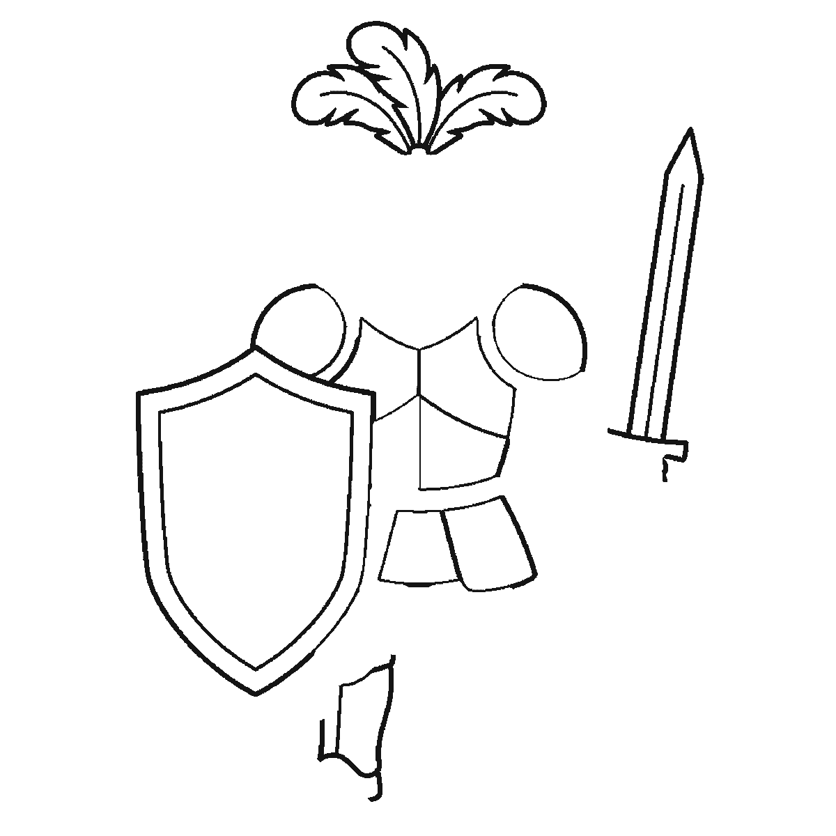 Step 3 of 6: Step-by-step drawing sheet: a suit of plate armour with the visor closed, a three-feather plume, a plain shield and a raised sword, built up over six frames one armour plate at a time, black outlines on white