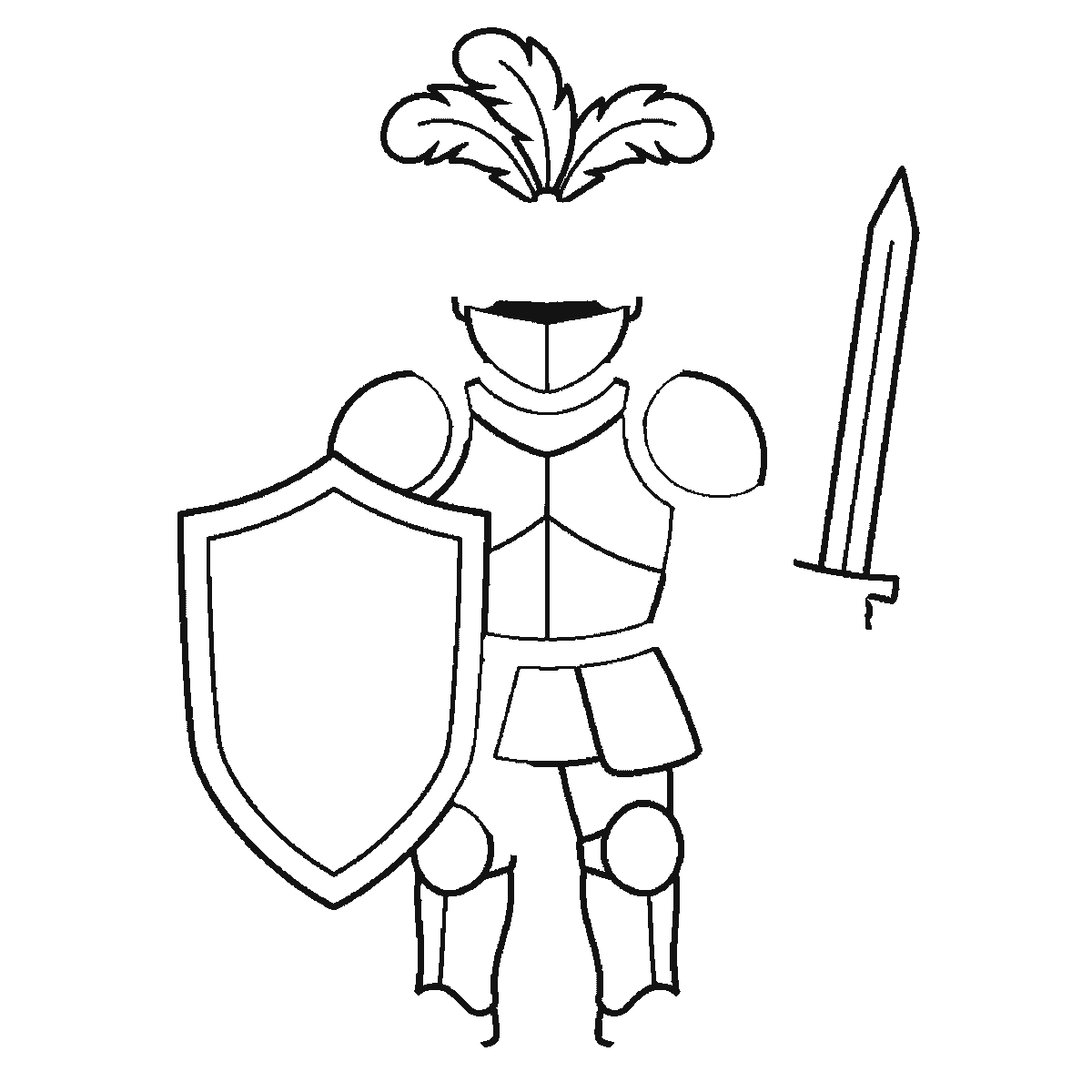 Step 4 of 6: Step-by-step drawing sheet: a suit of plate armour with the visor closed, a three-feather plume, a plain shield and a raised sword, built up over six frames one armour plate at a time, black outlines on white