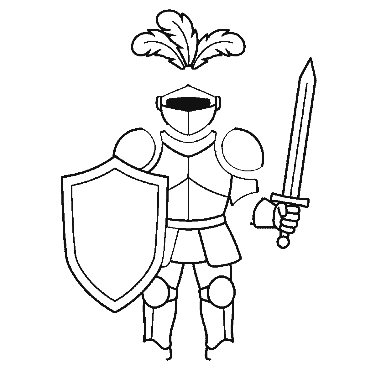 Step 5 of 6: Step-by-step drawing sheet: a suit of plate armour with the visor closed, a three-feather plume, a plain shield and a raised sword, built up over six frames one armour plate at a time, black outlines on white