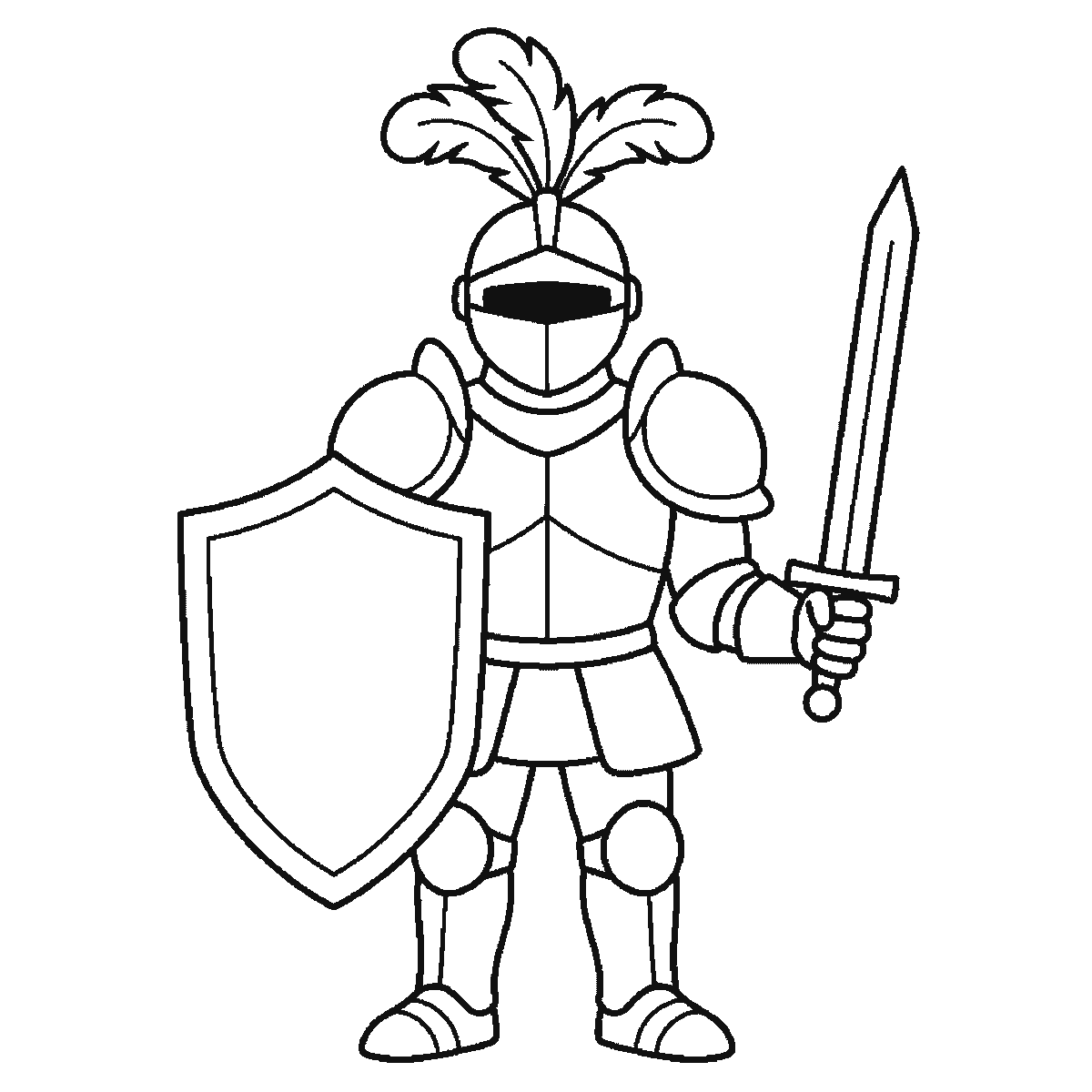 Step 6 of 6: Step-by-step drawing sheet: a suit of plate armour with the visor closed, a three-feather plume, a plain shield and a raised sword, built up over six frames one armour plate at a time, black outlines on white