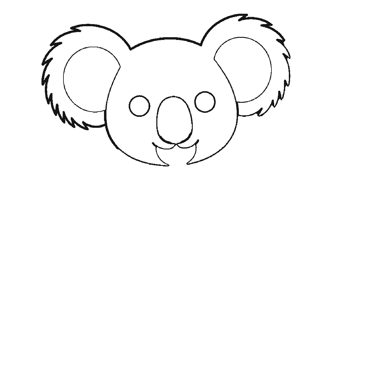 Step 1 of 6: Step-by-step drawing sheet: a koala clinging to an upright eucalyptus branch, built up over six frames from the whole head and both fringed ears to the body and near arm, then the branch, with the leaves and the two filled eyes last, black outlines on white