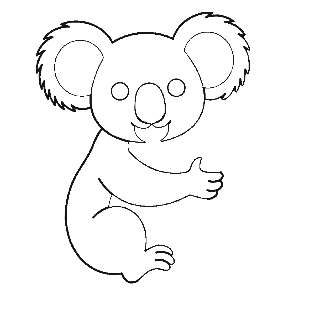 Step 2 of 6: Step-by-step drawing sheet: a koala clinging to an upright eucalyptus branch, built up over six frames from the whole head and both fringed ears to the body and near arm, then the branch, with the leaves and the two filled eyes last, black outlines on white