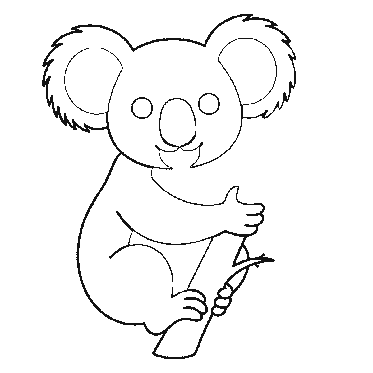 Step 3 of 6: Step-by-step drawing sheet: a koala clinging to an upright eucalyptus branch, built up over six frames from the whole head and both fringed ears to the body and near arm, then the branch, with the leaves and the two filled eyes last, black outlines on white