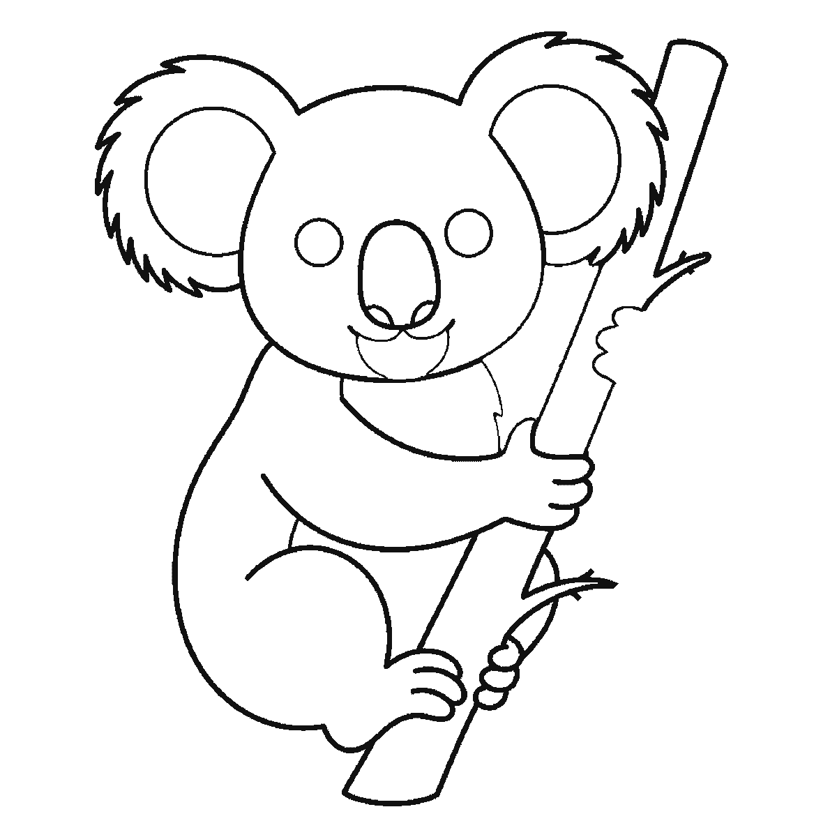 Step 4 of 6: Step-by-step drawing sheet: a koala clinging to an upright eucalyptus branch, built up over six frames from the whole head and both fringed ears to the body and near arm, then the branch, with the leaves and the two filled eyes last, black outlines on white