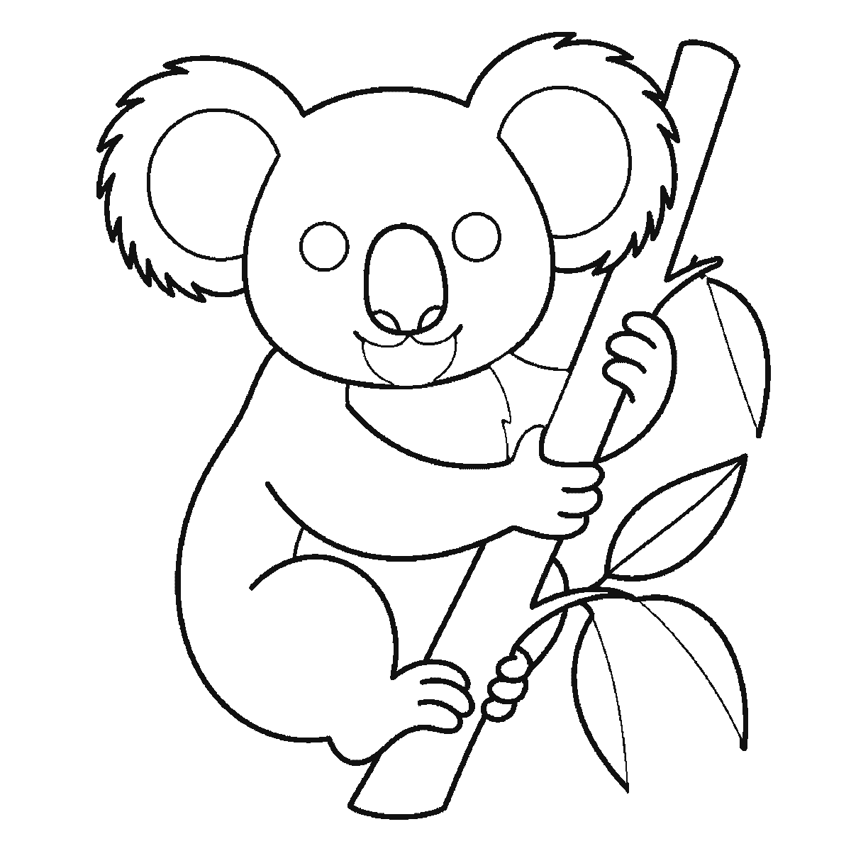 Step 5 of 6: Step-by-step drawing sheet: a koala clinging to an upright eucalyptus branch, built up over six frames from the whole head and both fringed ears to the body and near arm, then the branch, with the leaves and the two filled eyes last, black outlines on white