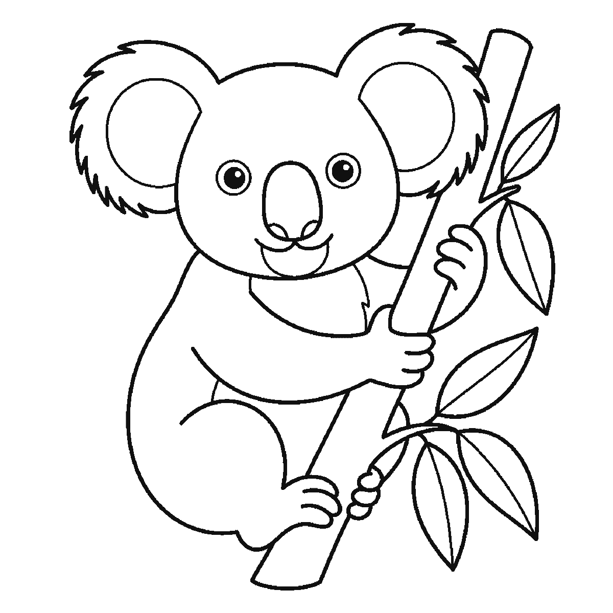 Step 6 of 6: Step-by-step drawing sheet: a koala clinging to an upright eucalyptus branch, built up over six frames from the whole head and both fringed ears to the body and near arm, then the branch, with the leaves and the two filled eyes last, black outlines on white