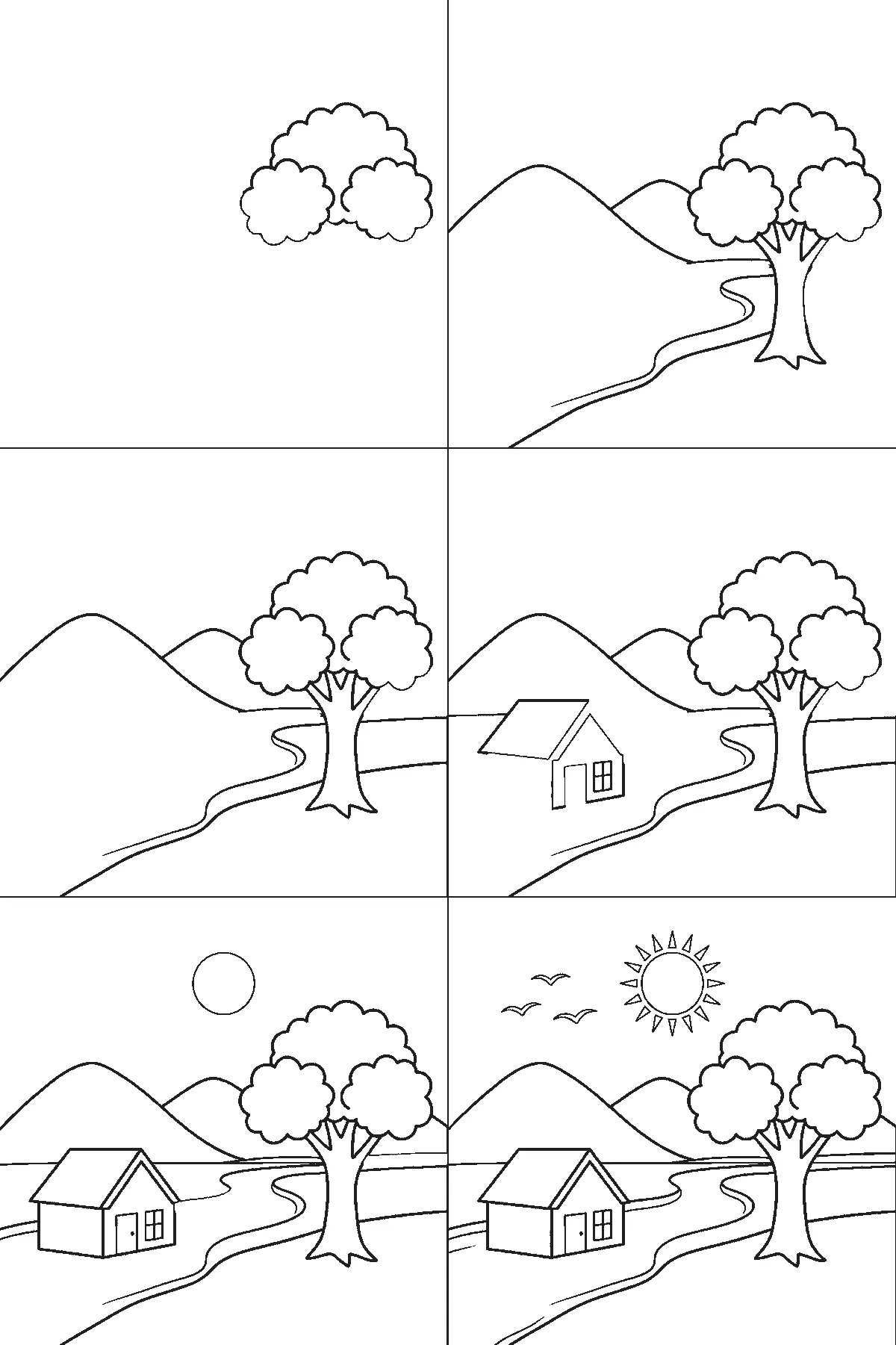 Step-by-step drawing sheet: a countryside landscape with two hills, a winding river, a broad tree, a small house, a sun and three birds, built up over six frames starting from the tree's leaves, black outlines on white