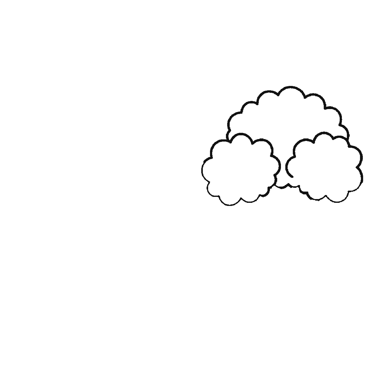 Step 1 of 6: Step-by-step drawing sheet: a countryside landscape with two hills, a winding river, a broad tree, a small house, a sun and three birds, built up over six frames starting from the tree's leaves, black outlines on white