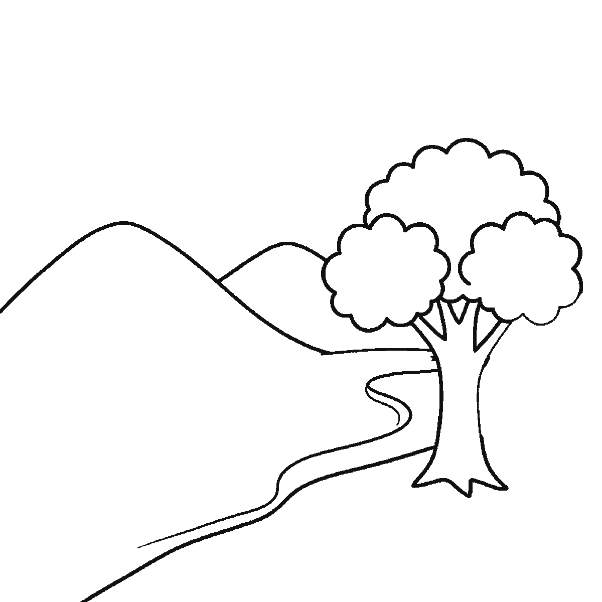 Step 2 of 6: Step-by-step drawing sheet: a countryside landscape with two hills, a winding river, a broad tree, a small house, a sun and three birds, built up over six frames starting from the tree's leaves, black outlines on white