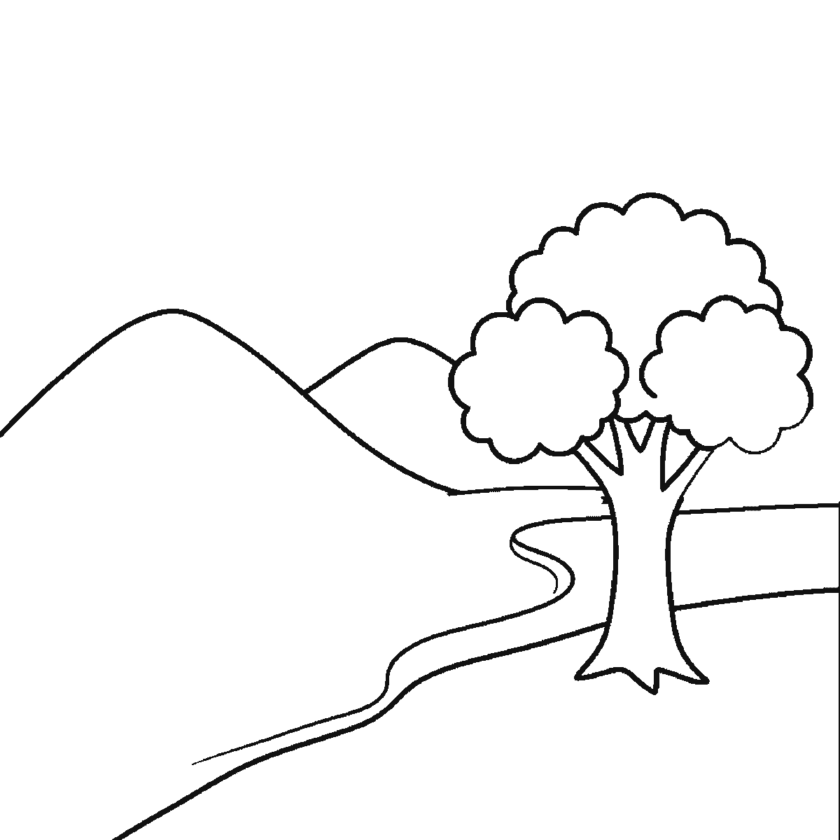 Step 3 of 6: Step-by-step drawing sheet: a countryside landscape with two hills, a winding river, a broad tree, a small house, a sun and three birds, built up over six frames starting from the tree's leaves, black outlines on white