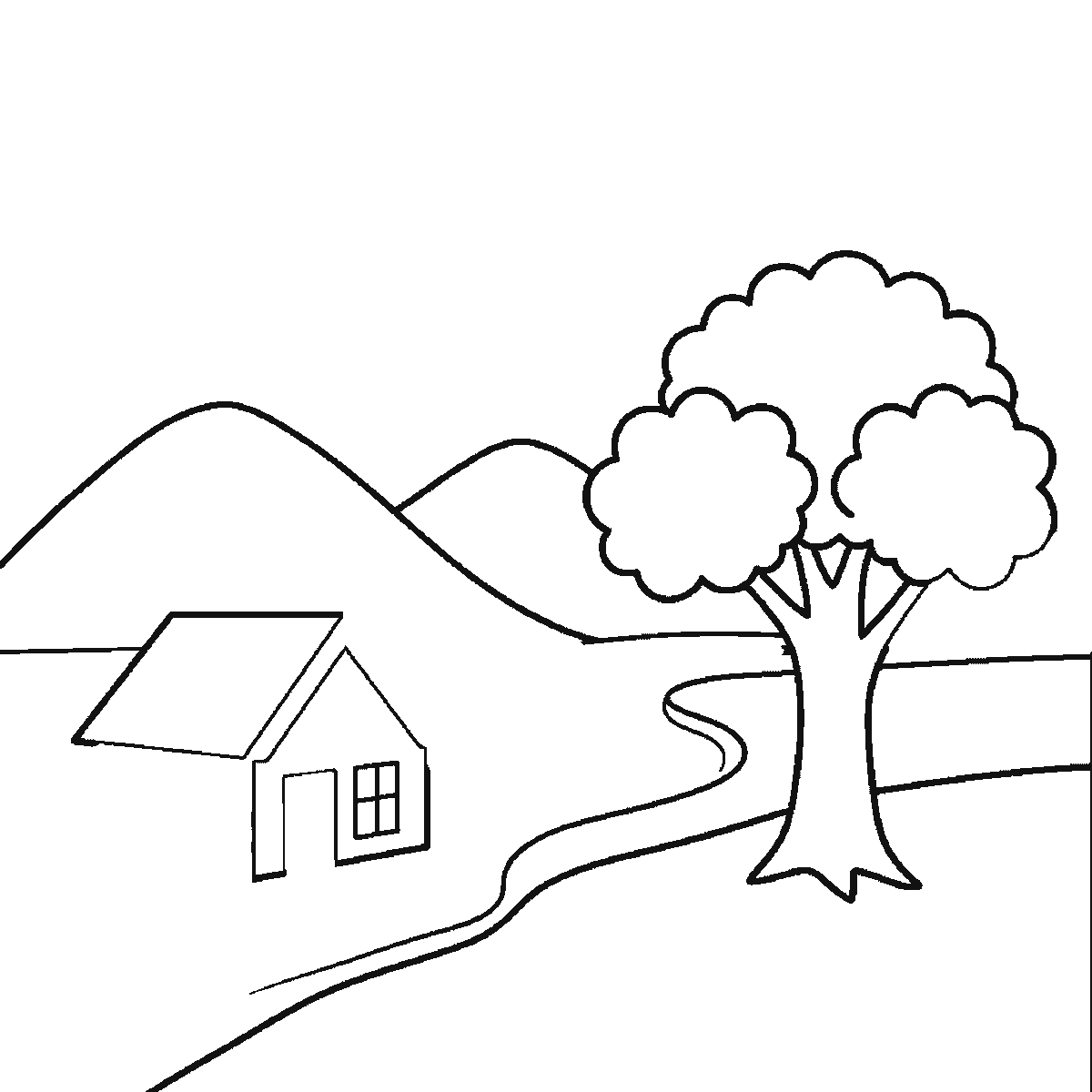 Step 4 of 6: Step-by-step drawing sheet: a countryside landscape with two hills, a winding river, a broad tree, a small house, a sun and three birds, built up over six frames starting from the tree's leaves, black outlines on white