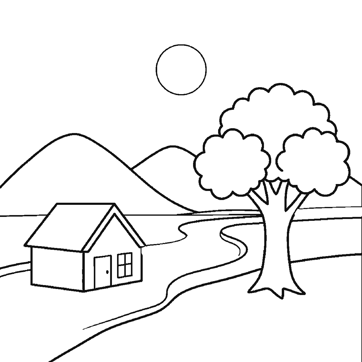 Step 5 of 6: Step-by-step drawing sheet: a countryside landscape with two hills, a winding river, a broad tree, a small house, a sun and three birds, built up over six frames starting from the tree's leaves, black outlines on white