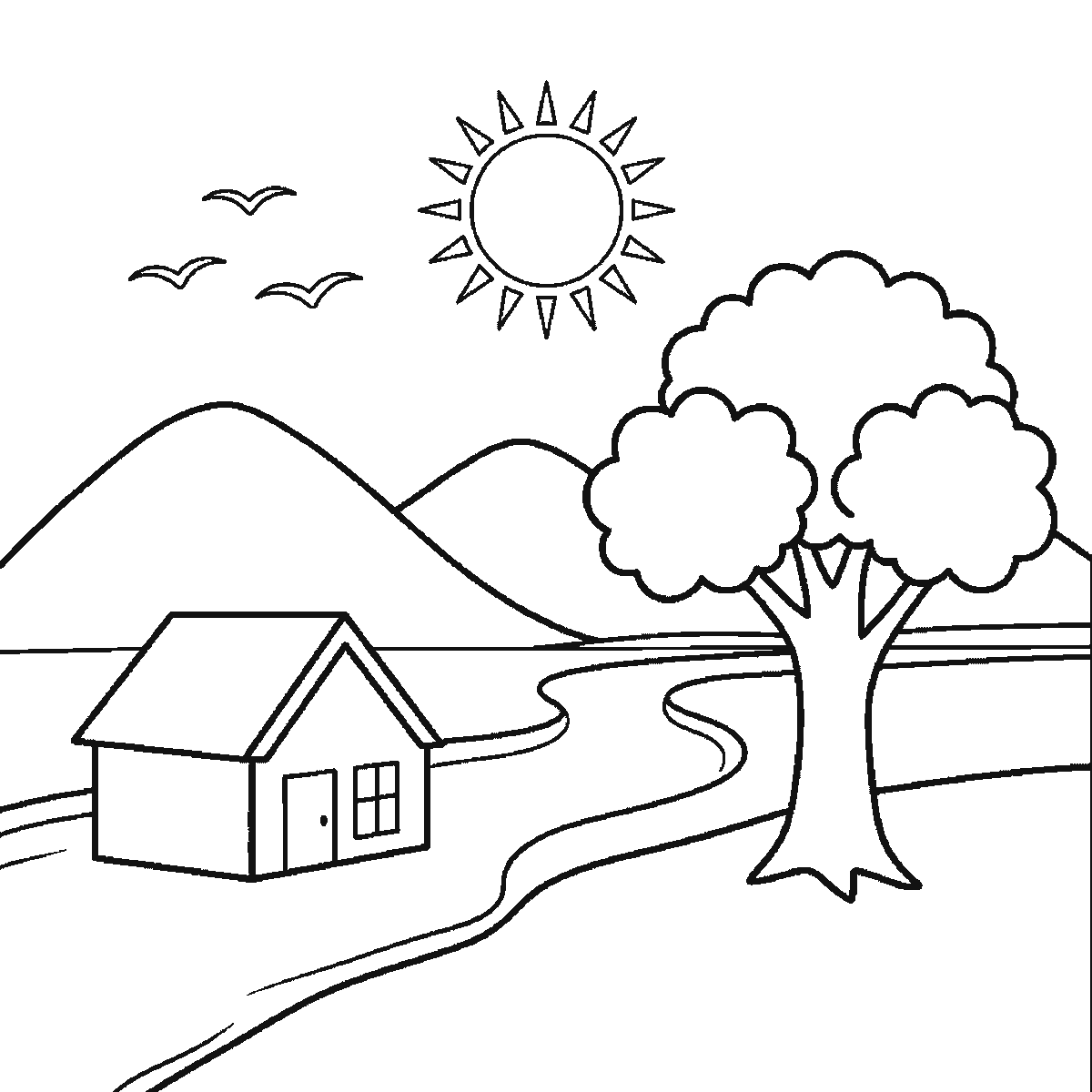 Step 6 of 6: Step-by-step drawing sheet: a countryside landscape with two hills, a winding river, a broad tree, a small house, a sun and three birds, built up over six frames starting from the tree's leaves, black outlines on white