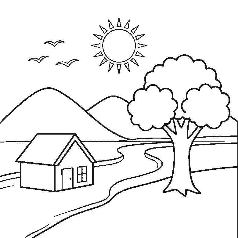 Step-by-step drawing sheet: a countryside landscape with two hills, a winding river, a broad tree, a small house, a sun and three birds, built up over six frames starting from the tree's leaves, black outlines on white