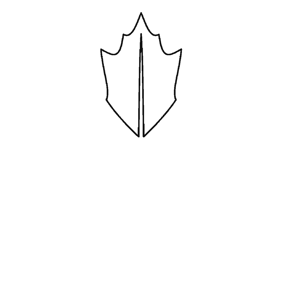 Step 1 of 6: Step-by-step drawing sheet: a five-lobed maple leaf, built up over six frames one lobe at a time with its centre vein, starting at the top and alternating right and left, with the two small base lobes and the stem last, black outlines on white