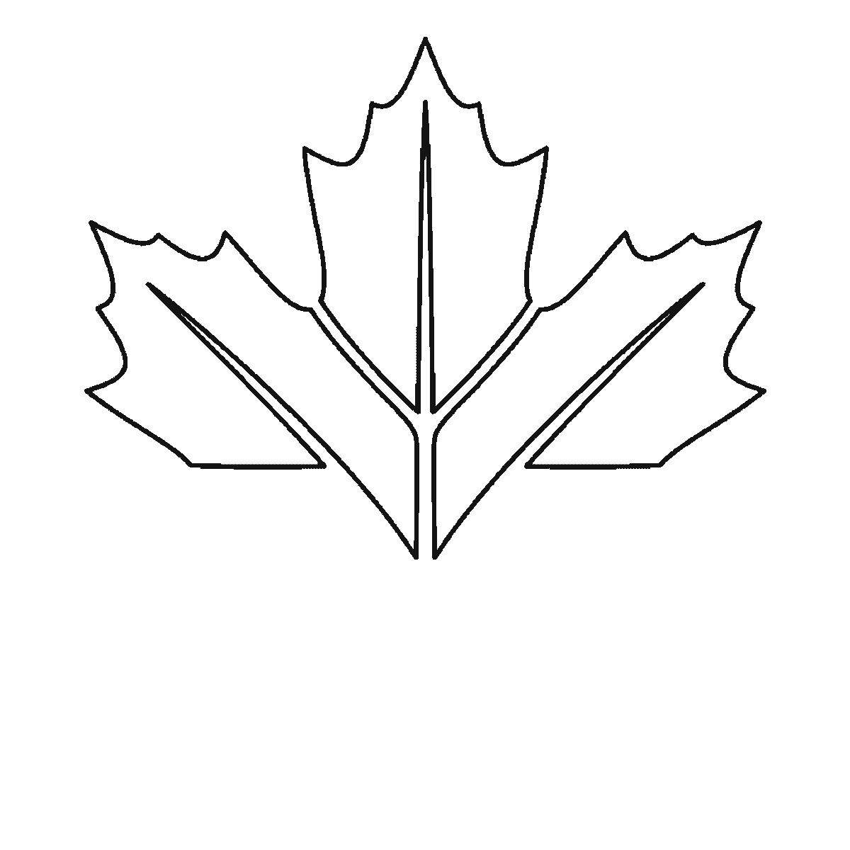 Step 3 of 6: Step-by-step drawing sheet: a five-lobed maple leaf, built up over six frames one lobe at a time with its centre vein, starting at the top and alternating right and left, with the two small base lobes and the stem last, black outlines on white