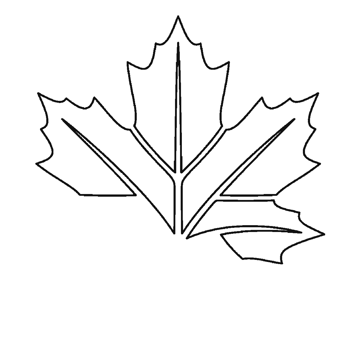 Step 4 of 6: Step-by-step drawing sheet: a five-lobed maple leaf, built up over six frames one lobe at a time with its centre vein, starting at the top and alternating right and left, with the two small base lobes and the stem last, black outlines on white