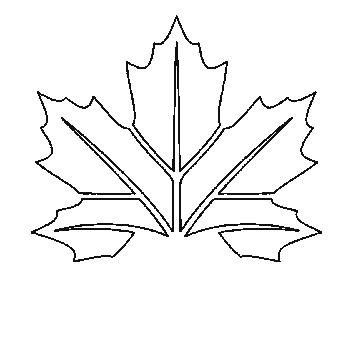 Step 5 of 6: Step-by-step drawing sheet: a five-lobed maple leaf, built up over six frames one lobe at a time with its centre vein, starting at the top and alternating right and left, with the two small base lobes and the stem last, black outlines on white