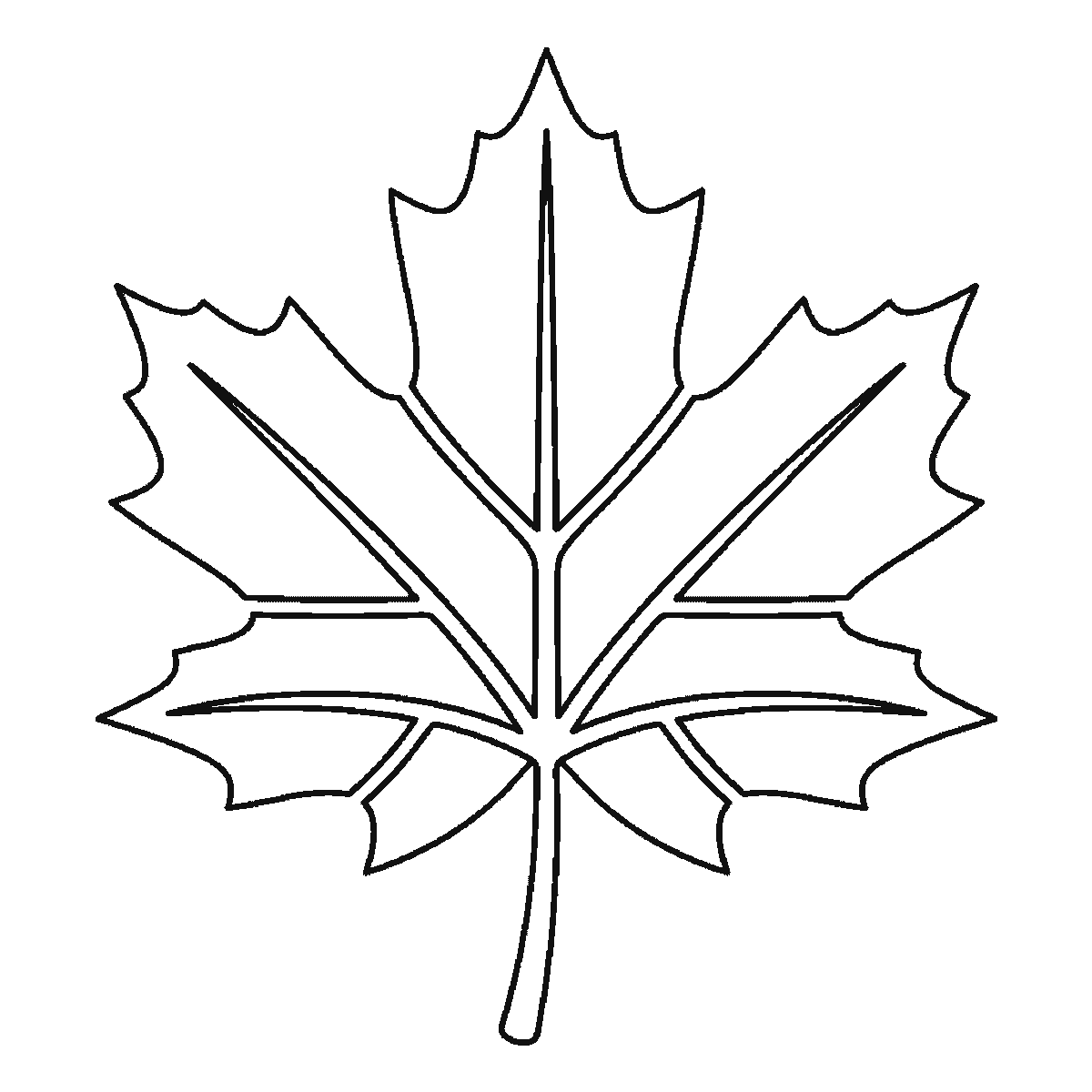 Step 6 of 6: Step-by-step drawing sheet: a five-lobed maple leaf, built up over six frames one lobe at a time with its centre vein, starting at the top and alternating right and left, with the two small base lobes and the stem last, black outlines on white