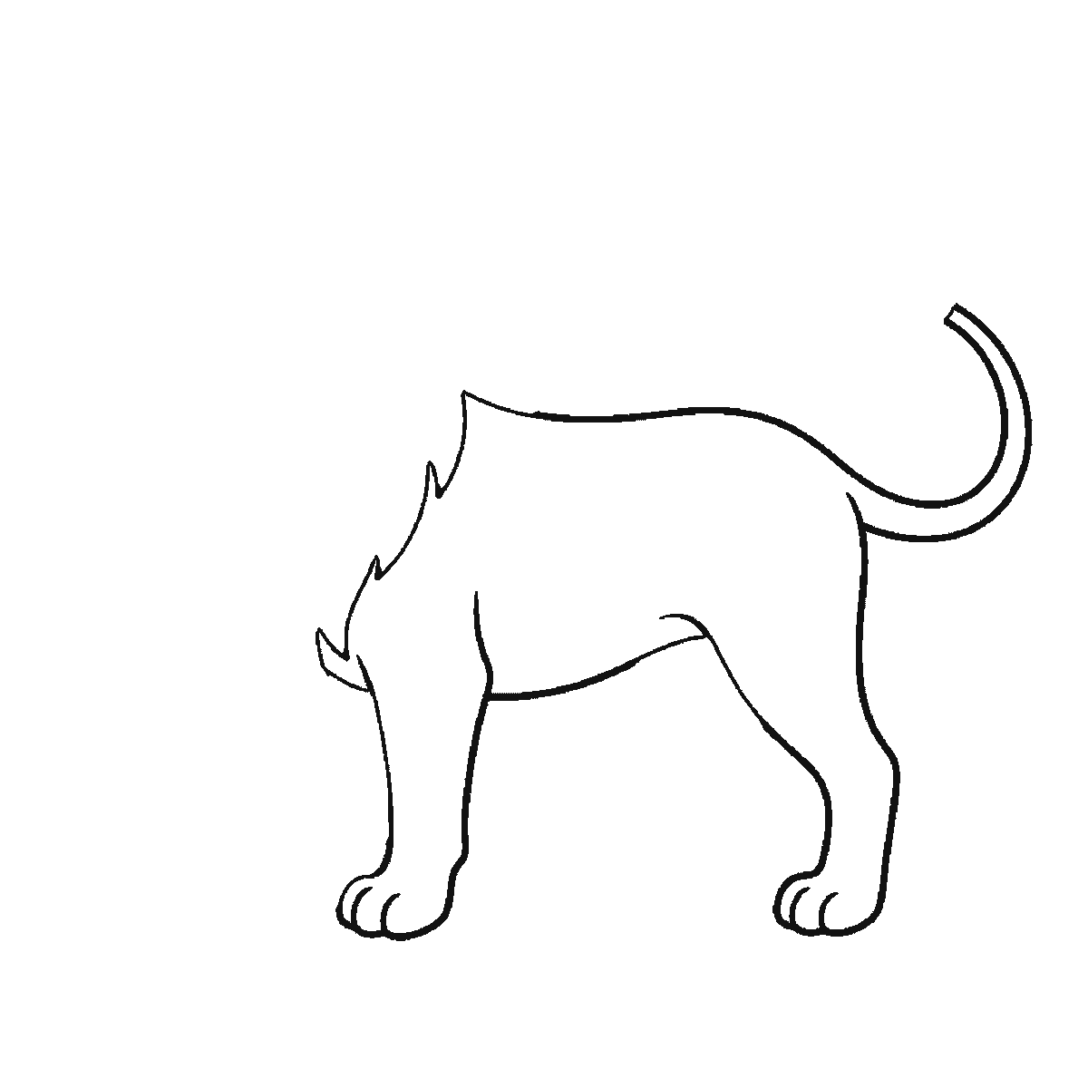 Step 1 of 6: Step-by-step drawing sheet: a lion standing in profile, built up over six frames from the body and near legs to the shaggy mane, the face, the two far legs, and the ear and tail tuft last, black outlines on white