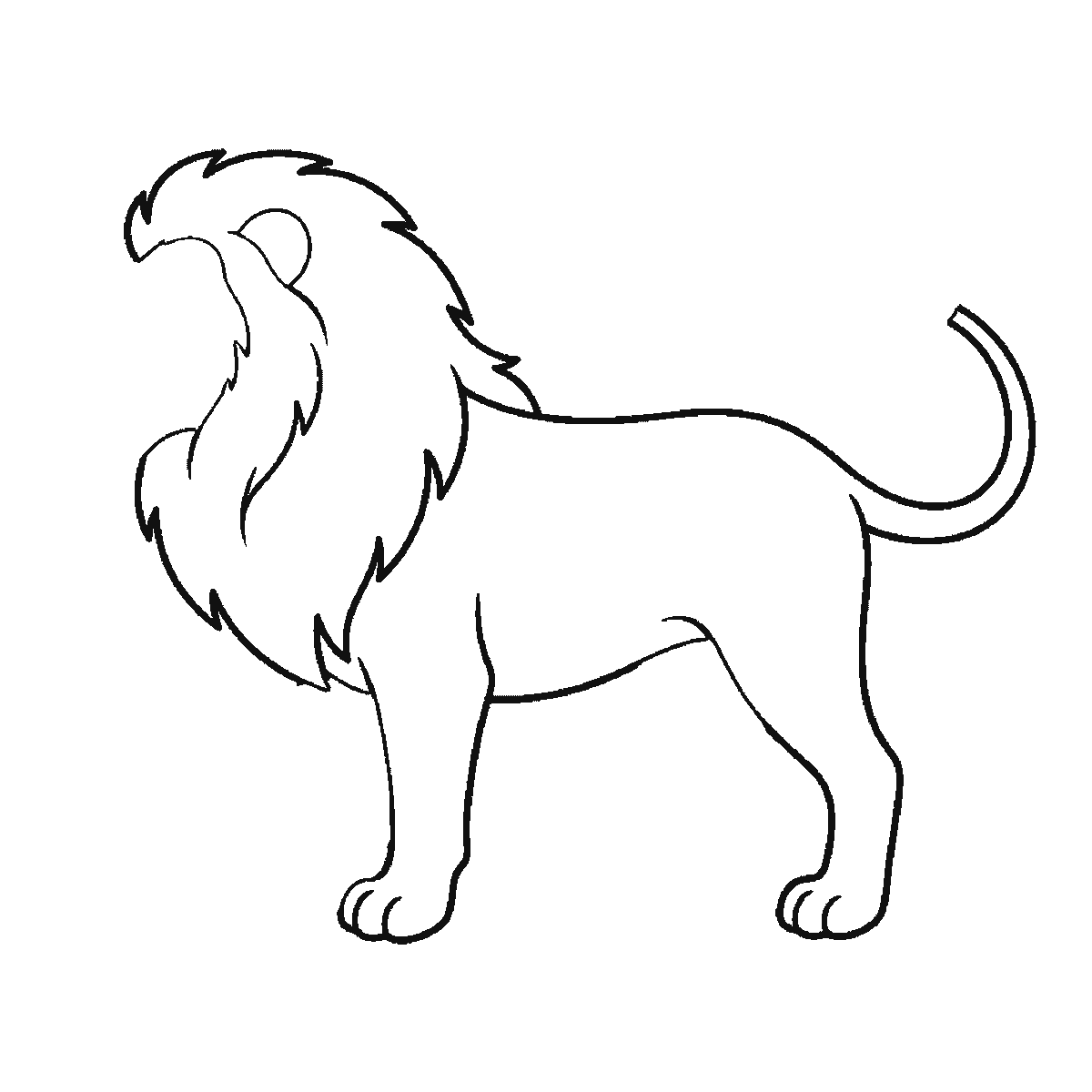 Step 2 of 6: Step-by-step drawing sheet: a lion standing in profile, built up over six frames from the body and near legs to the shaggy mane, the face, the two far legs, and the ear and tail tuft last, black outlines on white