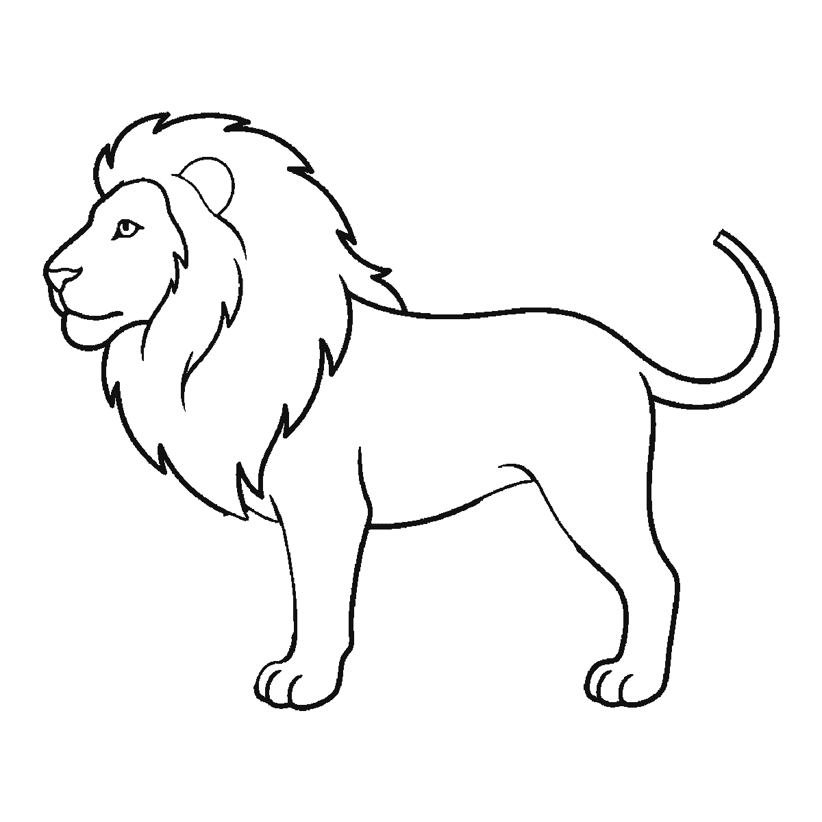 Step 3 of 6: Step-by-step drawing sheet: a lion standing in profile, built up over six frames from the body and near legs to the shaggy mane, the face, the two far legs, and the ear and tail tuft last, black outlines on white