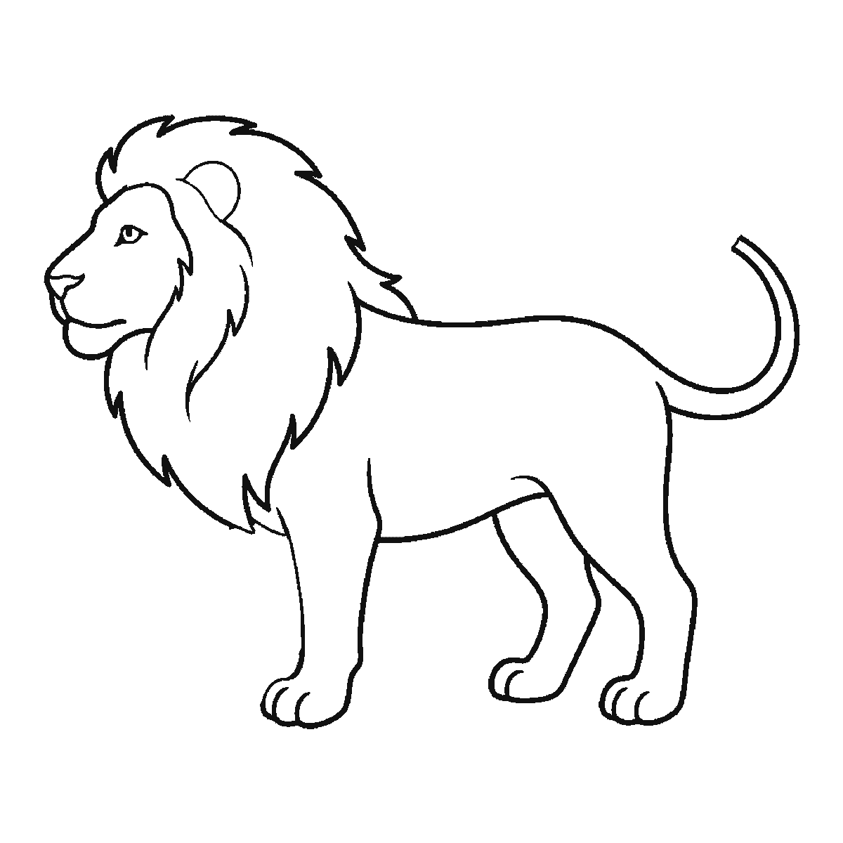 Step 4 of 6: Step-by-step drawing sheet: a lion standing in profile, built up over six frames from the body and near legs to the shaggy mane, the face, the two far legs, and the ear and tail tuft last, black outlines on white