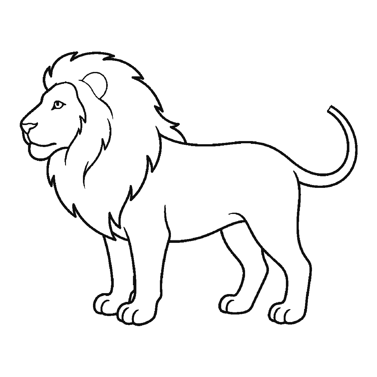 Step 5 of 6: Step-by-step drawing sheet: a lion standing in profile, built up over six frames from the body and near legs to the shaggy mane, the face, the two far legs, and the ear and tail tuft last, black outlines on white