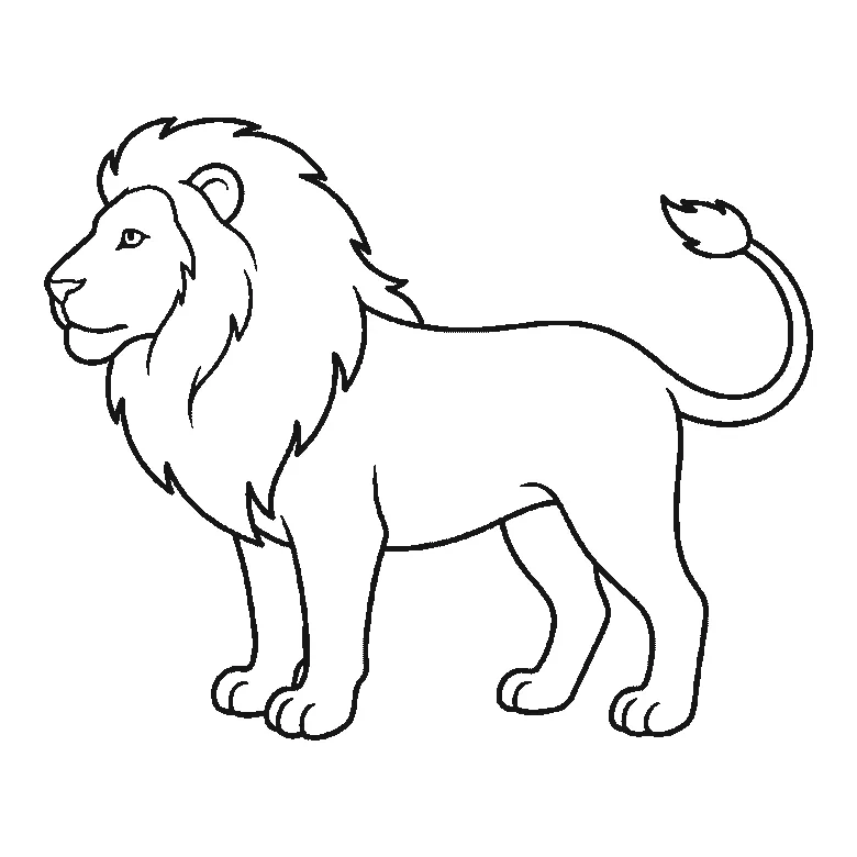 Step-by-step drawing sheet: a lion standing in profile, built up over six frames from the body and near legs to the shaggy mane, the face, the two far legs, and the ear and tail tuft last, black outlines on white