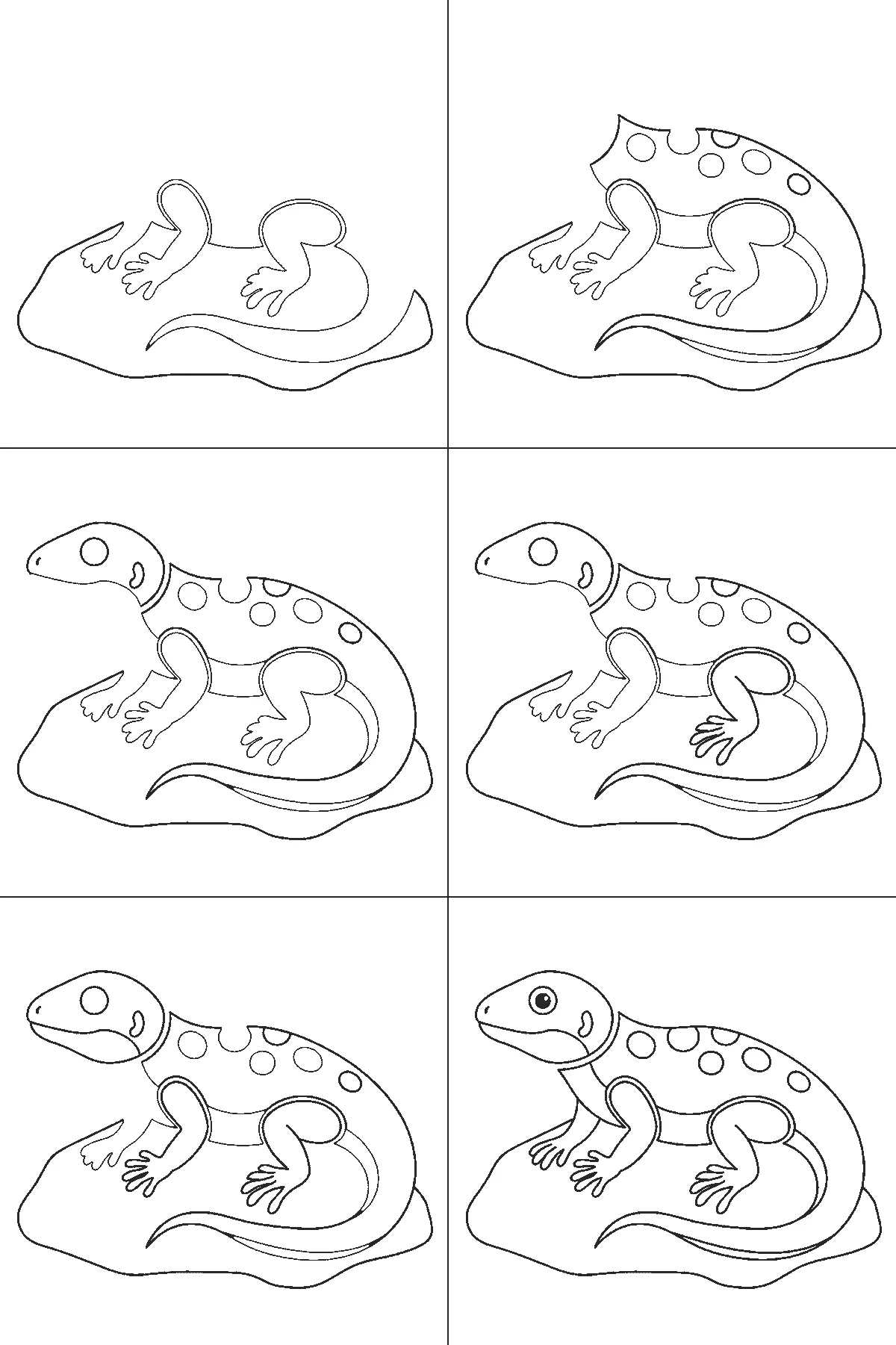 Step-by-step drawing sheet: a lizard basking on a rock, built up over six frames from the rock and two legs to the body with its row of back spots and the tail, then the head with its eye outline, with the far legs, the filled eye and the thickened spots last, black outlines on white