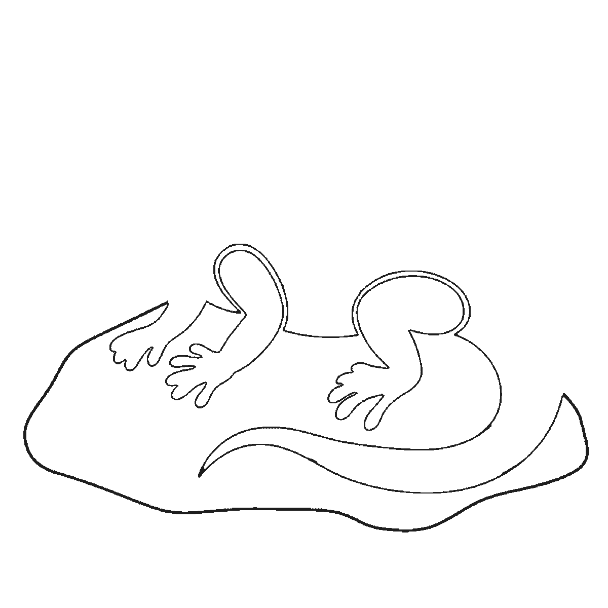 Step 1 of 6: Step-by-step drawing sheet: a lizard basking on a rock, built up over six frames from the rock and two legs to the body with its row of back spots and the tail, then the head with its eye outline, with the far legs, the filled eye and the thickened spots last, black outlines on white