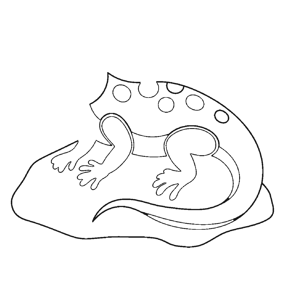 Step 2 of 6: Step-by-step drawing sheet: a lizard basking on a rock, built up over six frames from the rock and two legs to the body with its row of back spots and the tail, then the head with its eye outline, with the far legs, the filled eye and the thickened spots last, black outlines on white